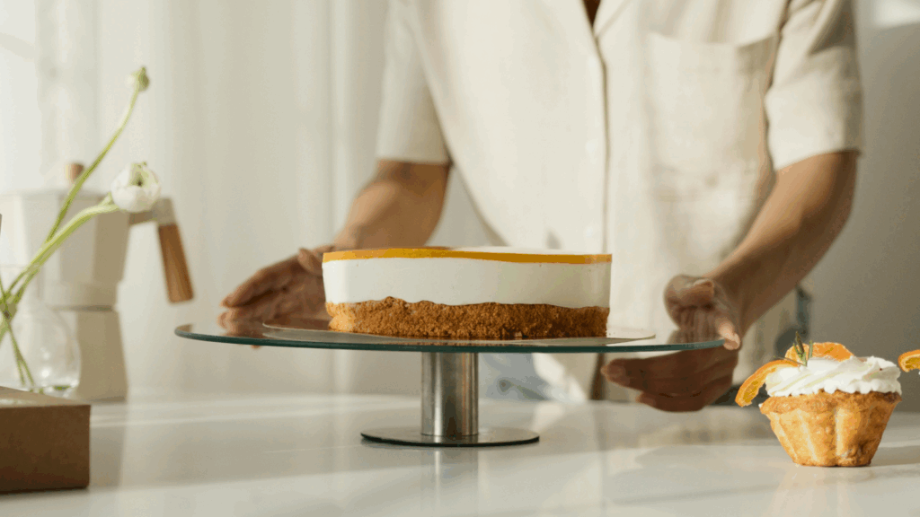 A woman smiling while holding a cake on a plate, showcasing her delight in celebrating a special occasion.