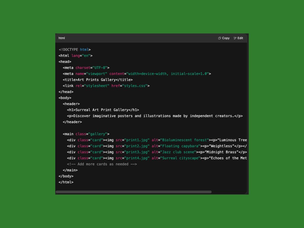 A screenshot mockup of an HTML code snippet generated with ChatGPT prompts.