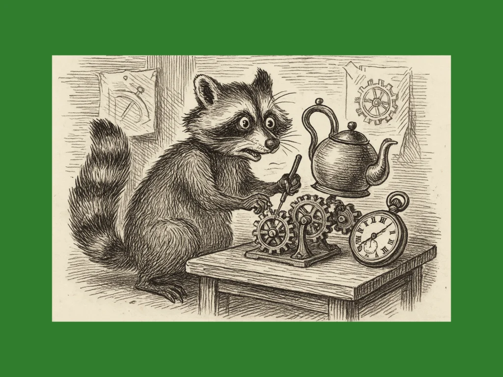 A vintage image of a raccoon creating print-on-demand generated using ChatGPT prompts.