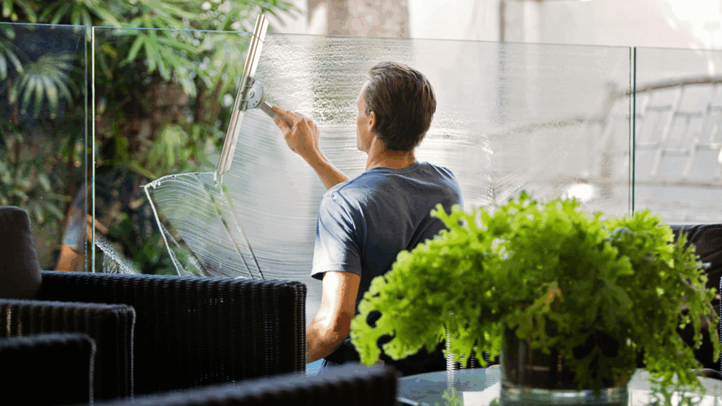 A man is cleaning glass on a patio, using a cloth to wipe away smudges and dirt from the surface.