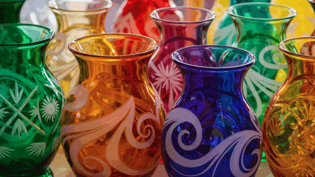 Colored glass projects Colored glassware with engravings.