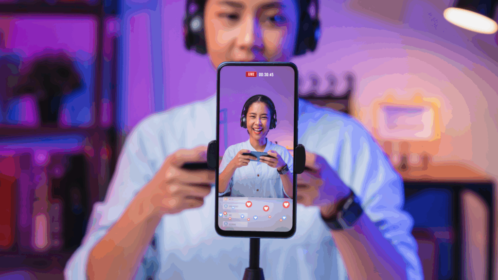  young woman is livestreaming using a mobile phone.