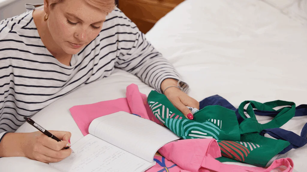A woman sits on a bed, focused on writing in a notebook, surrounded by a cozy bedroom atmosphere and fabrics.