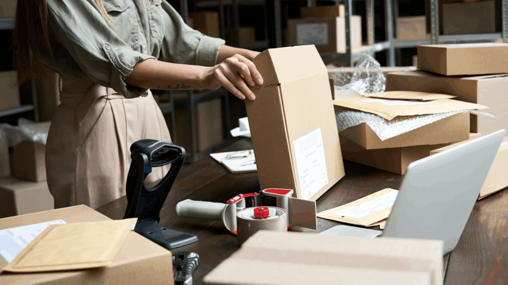 A woman is packing boxes in a warehouse, organizing items for shipment or storage.
