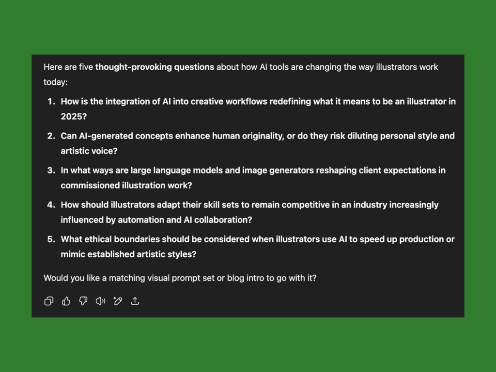 A screenshot mockup with ChatGPT questions and prompts.