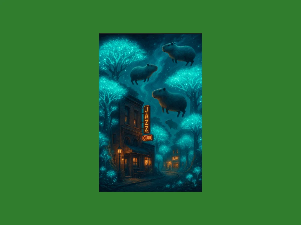 Floating capybaras generated with ChatGPT screenshot mockup.