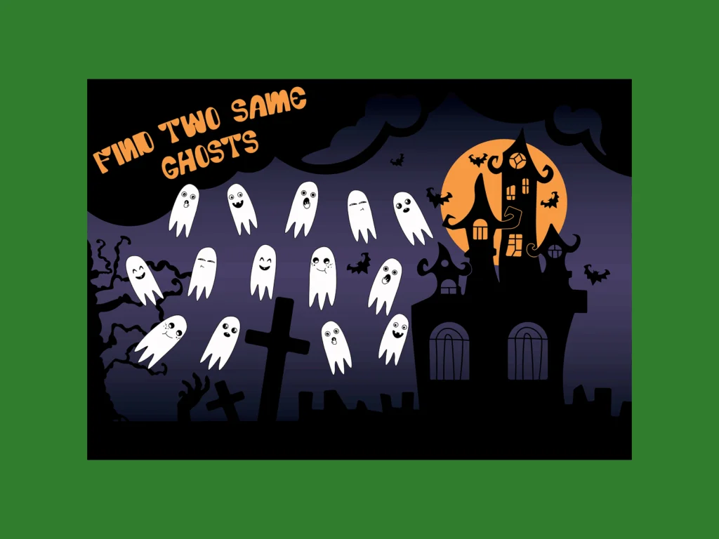 A graphic image of a Halloween game where you need to find identical ghosts.