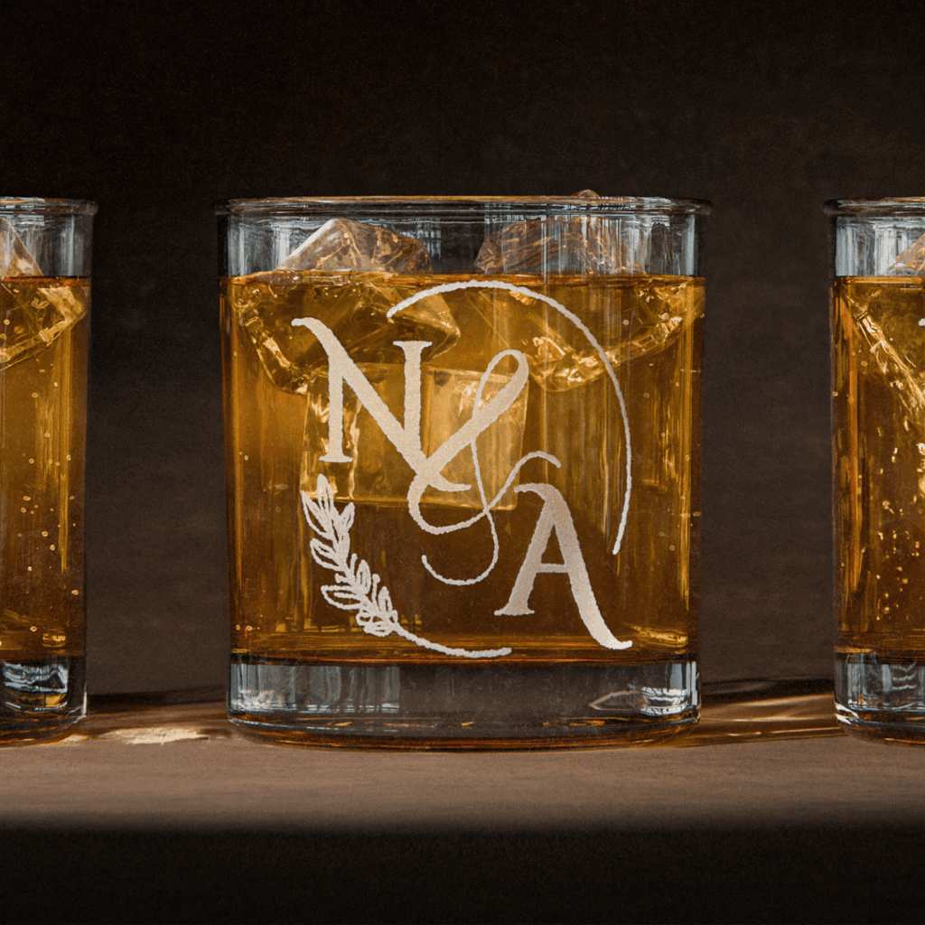 Logo branding A glass with engraved “N & A” initials.