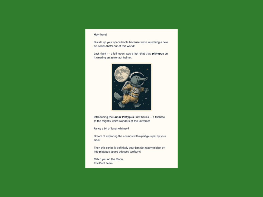 A screenshot mockup of a lunar platypus generated with ChatGPT.