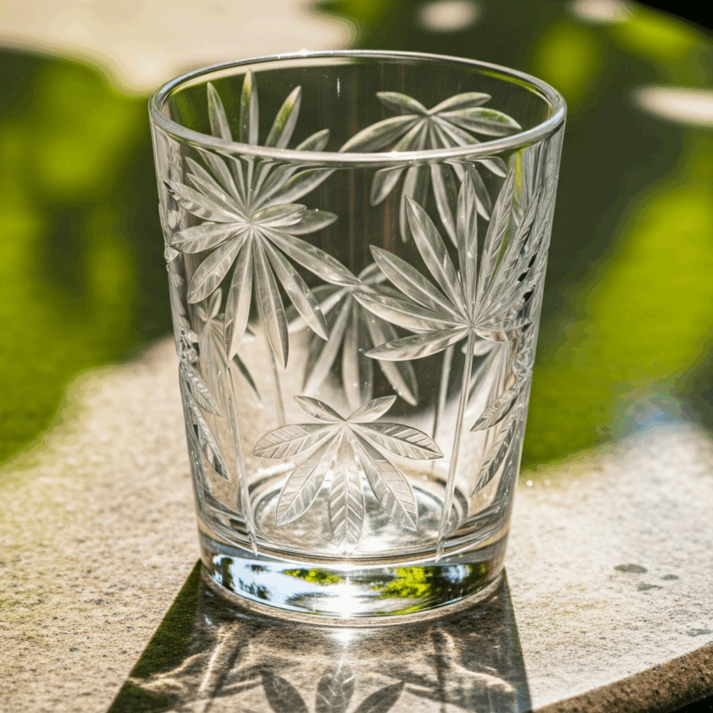 Minimalist patterns A rocks glass with engraved floral patterns.