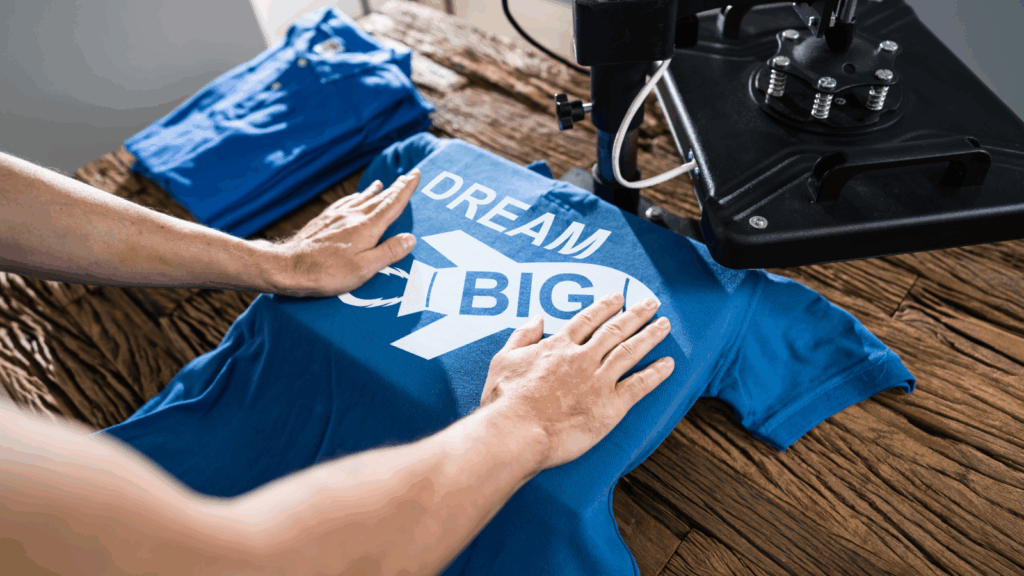A person operates a 3D printer, creating a custom t-shirt design in a well-lit workshop environment.