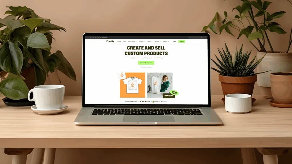 Laptop on a desk displaying a Printify website on the screen, with a clean workspace in the background.