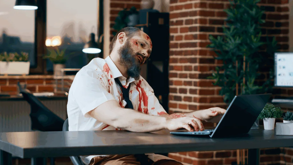 A man in a zombie-themed costume is working on a laptop.