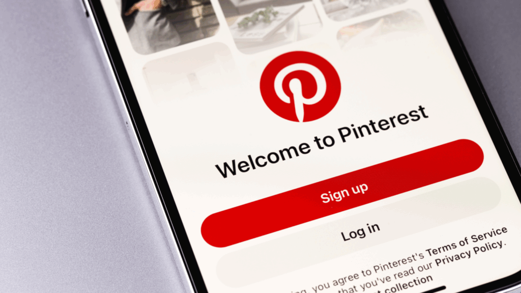 Pinterest logo with a collage of images representing shared content and discovery on the social media platform.