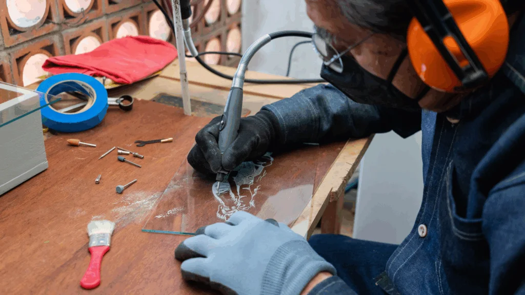 Wear proper safety gear A man in protective gear is engraving glass.