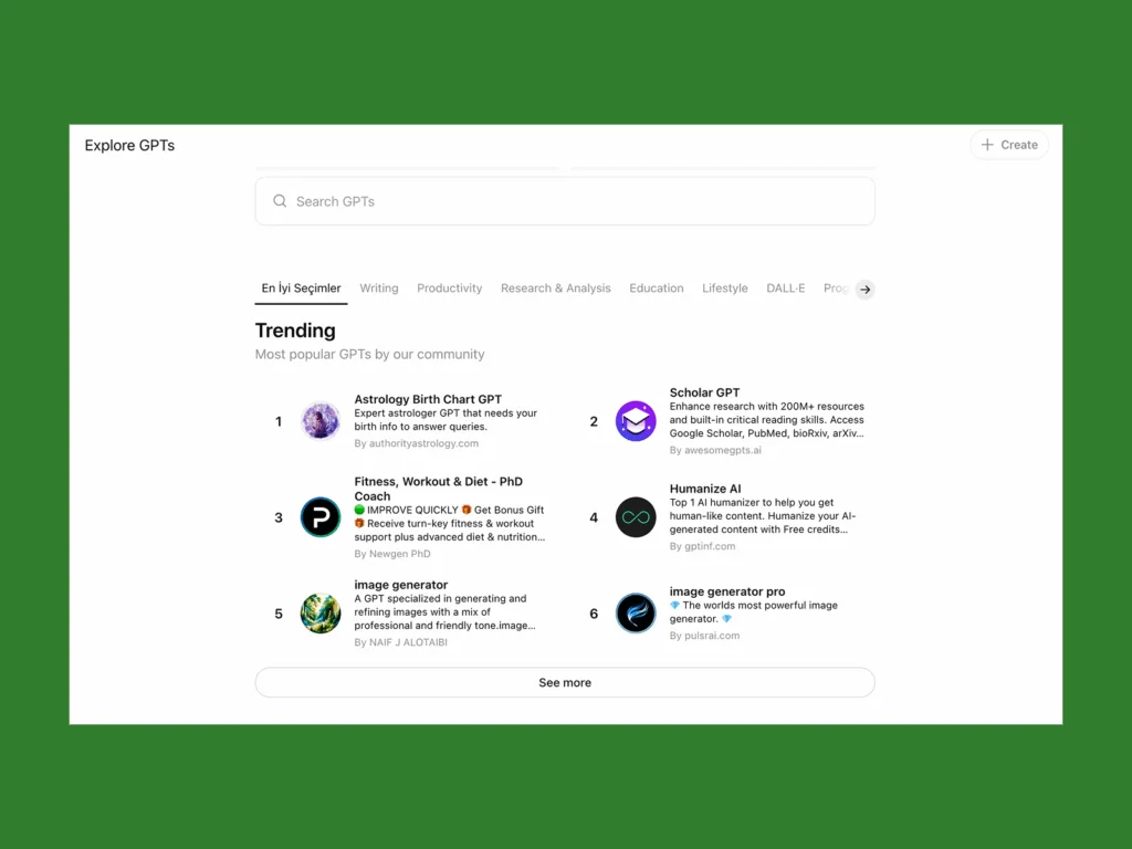 A screenshot mockup with trending GPT’s made using ChatGPT.