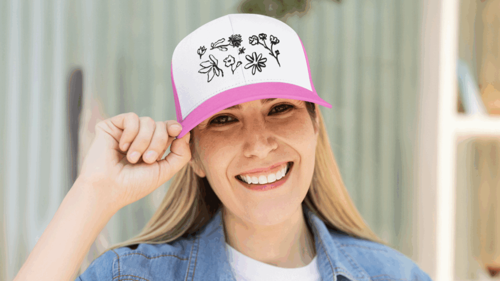A woman wearing a pink trucker hat featuring a flower pattern, smiling against a neutral background.