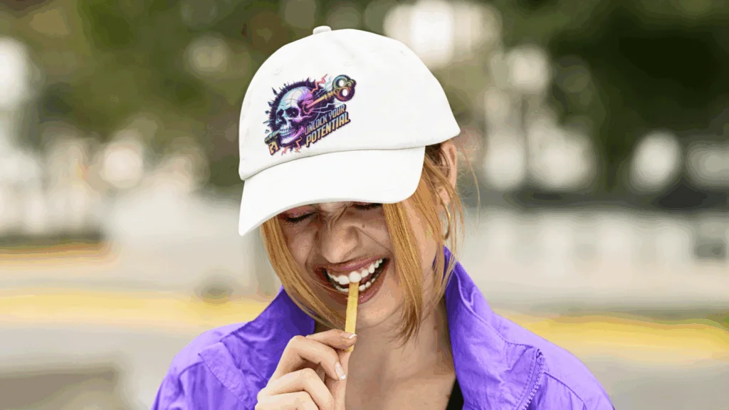 A woman wearing a hat adorned with a skull design, showcasing a bold and edgy fashion statement.