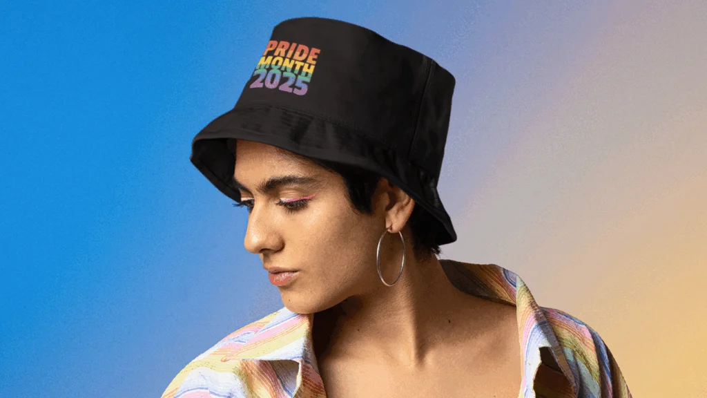 A woman wearing a colorful rainbow hat.