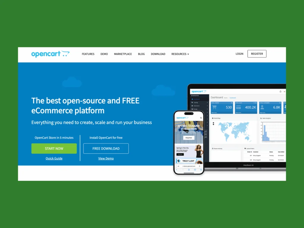 7 opencart A screenshot of the OpenCart landing page.