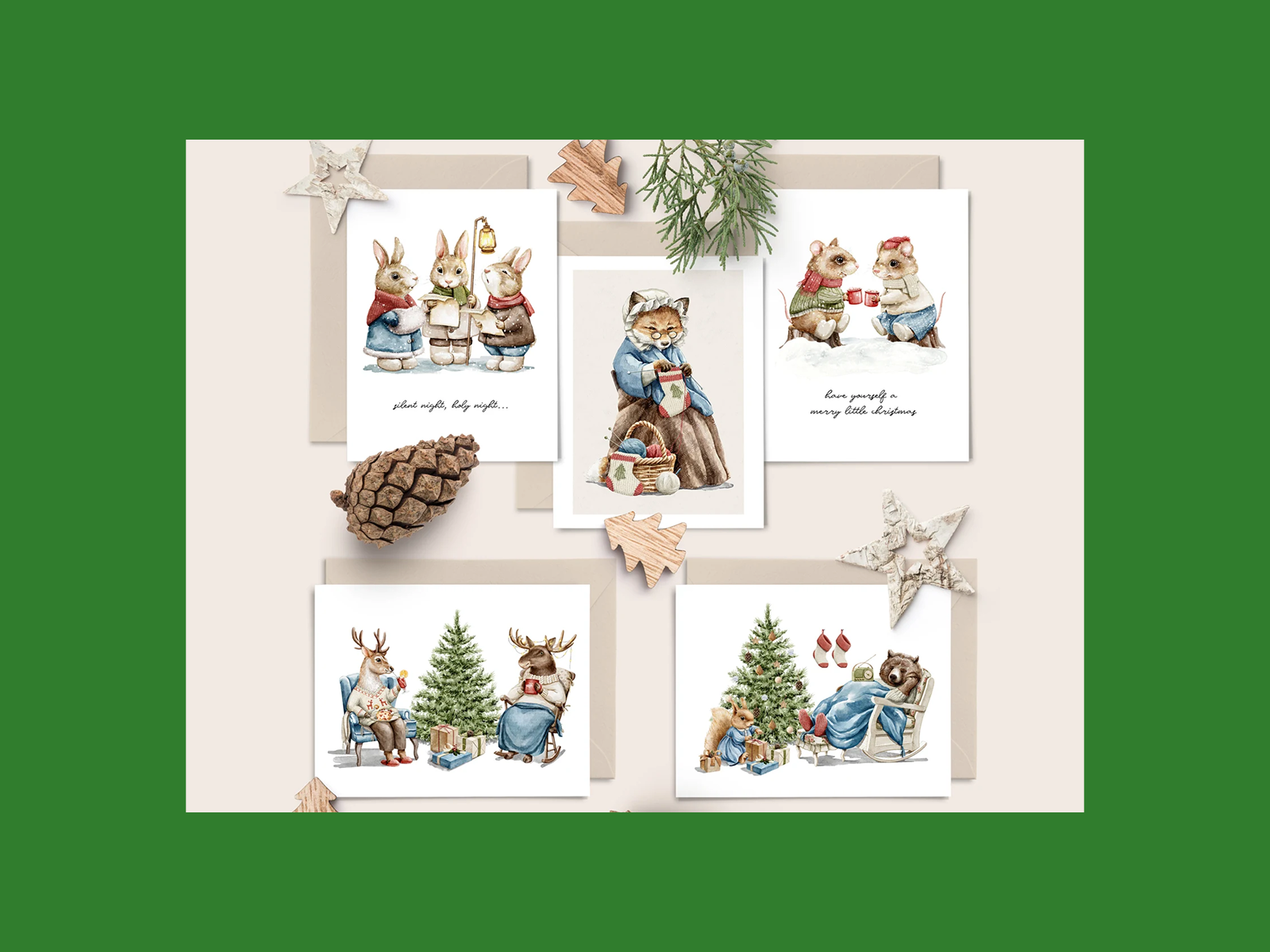 Five different hand-drawn animal Christmas cards.