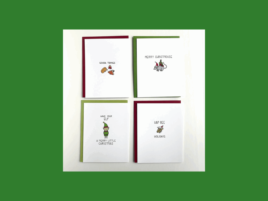 Four illustrated Christmas cards with puns.