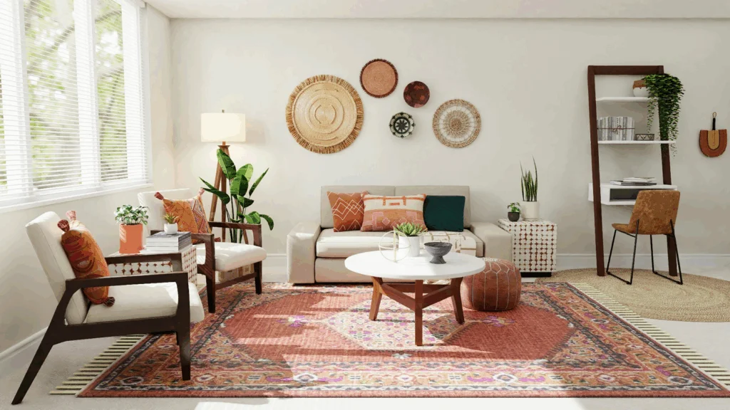 A cozy living room featuring a rug, two chairs, and a table, creating a welcoming atmosphere for relaxation.