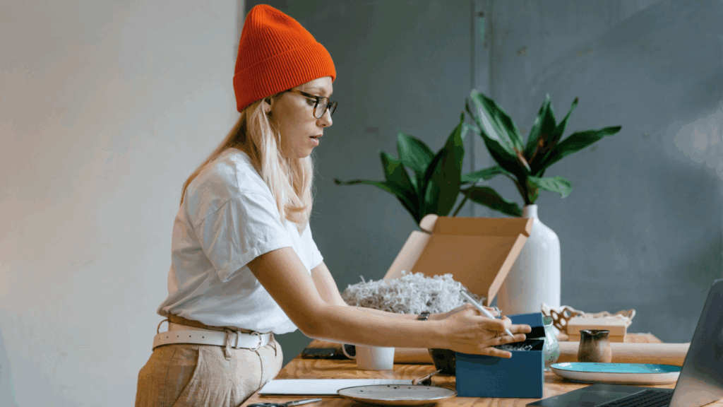 DIY tumblers Tumbler design ideas A woman wearing a beanie is focused on her laptop, engaged in work at a cozy indoor setting.