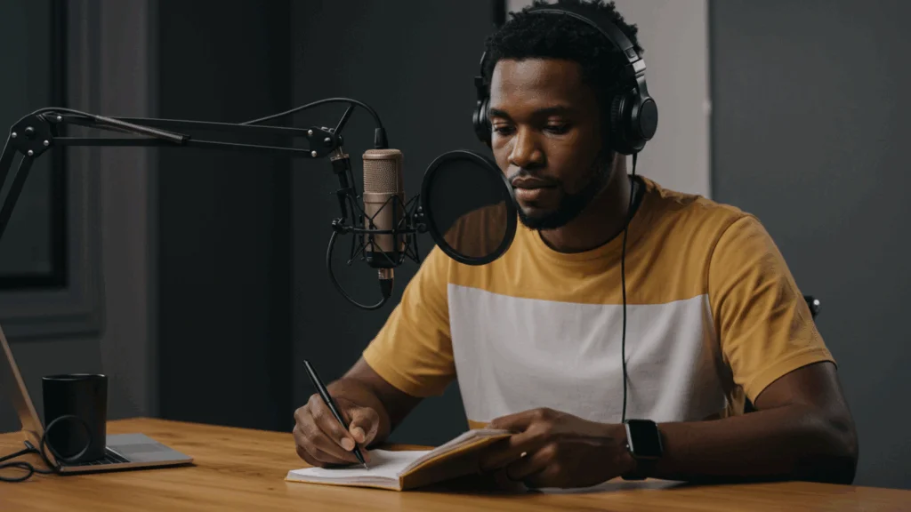 A man wearing headphones is focused on writing notes in a notepad.