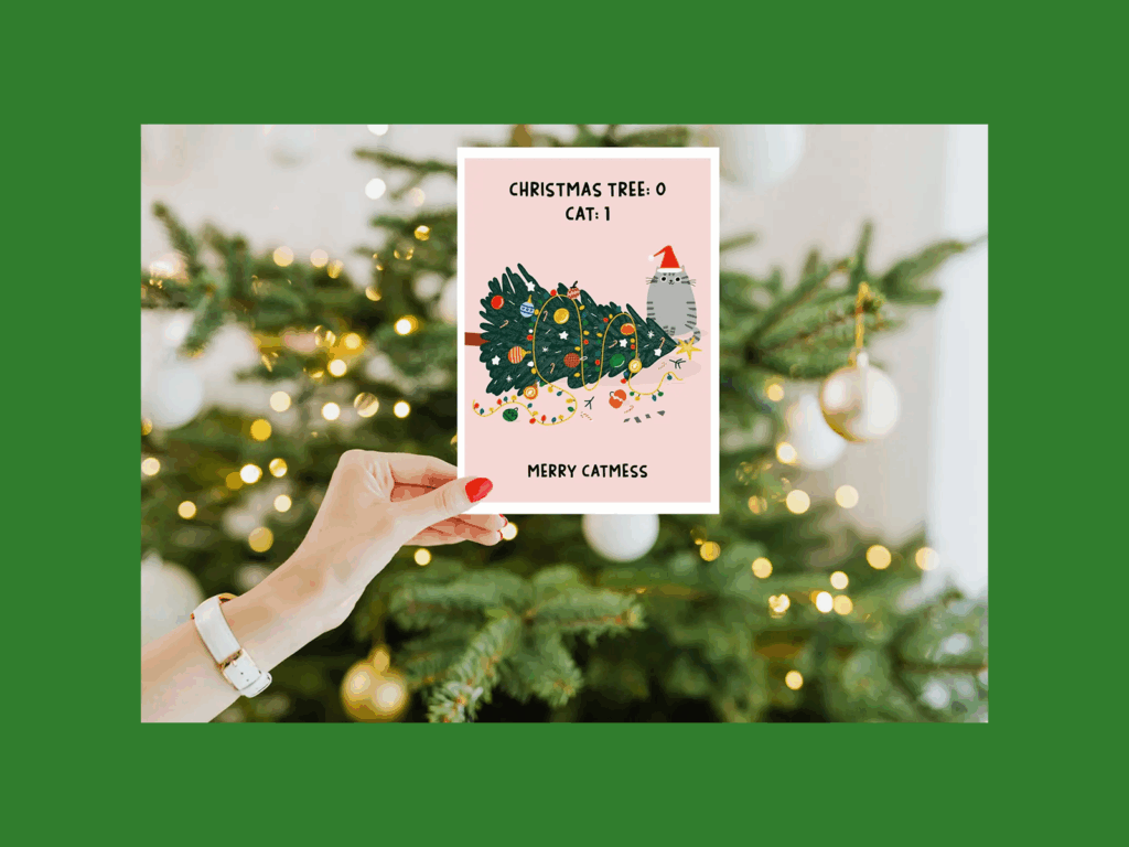 A funny illustrated cat-themed Christmas card.