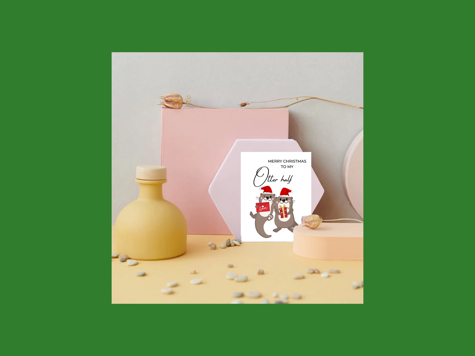 A funny couple Christmas card with illustrated otters.