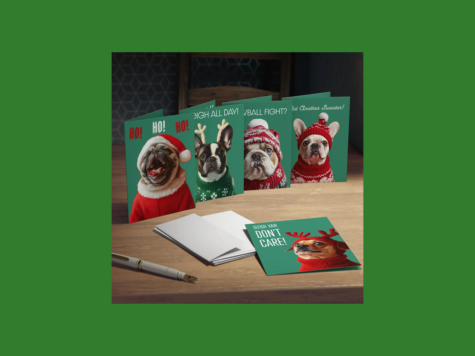 Five funny dog-themed Christmas cards.