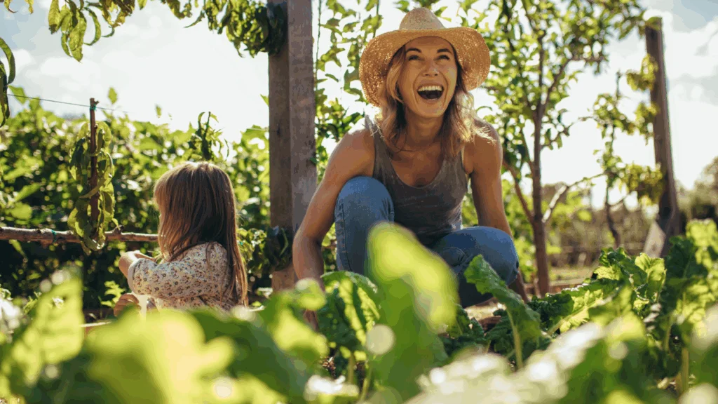A woman and a child enjoying time together in a vibrant garden filled with flowers and greenery.