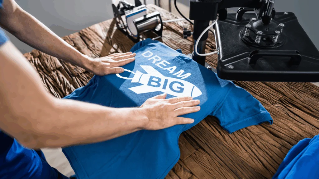 A man operates a 3D printer, creating a custom t-shirt design in a modern workshop setting.