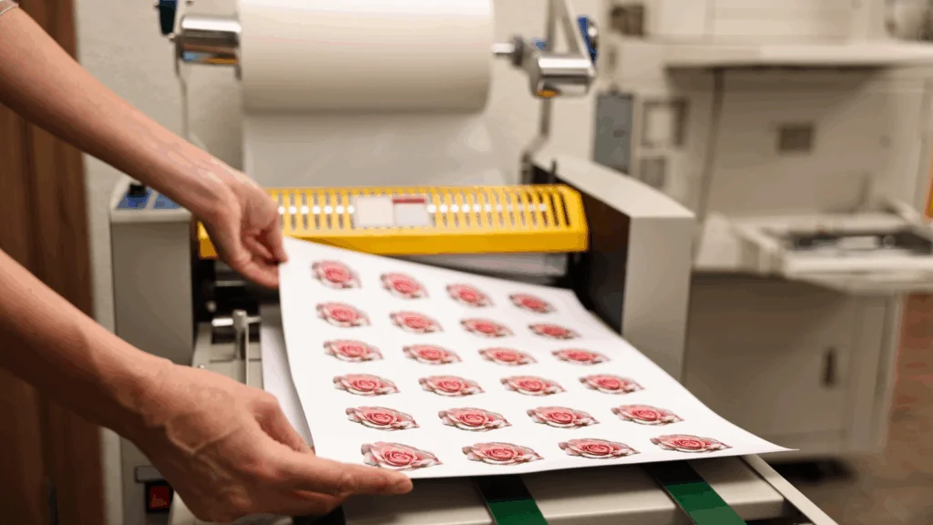Printable stickers A person printing stickers with a printing machine.