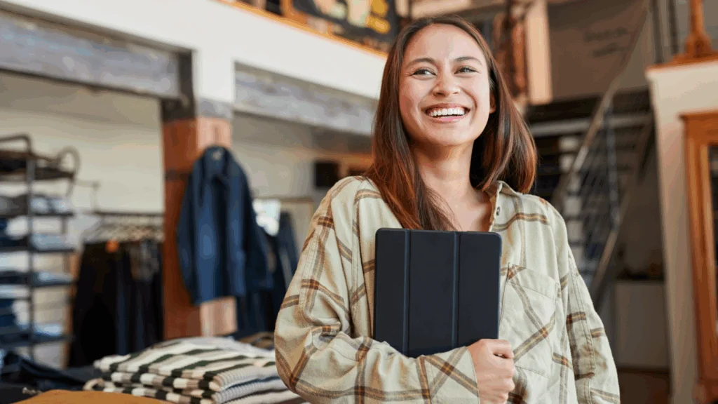 A woman holds a tablet while browsing clothing in a retail store, surrounded by various garments on display.