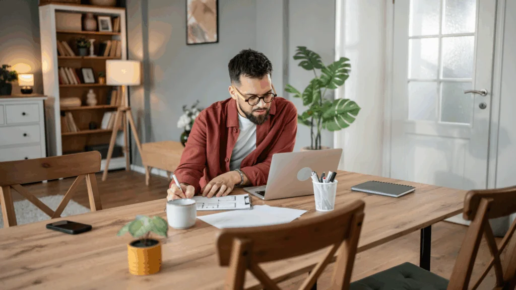 Service based business platforms A man seated at a table, working on a laptop surrounded by papers.