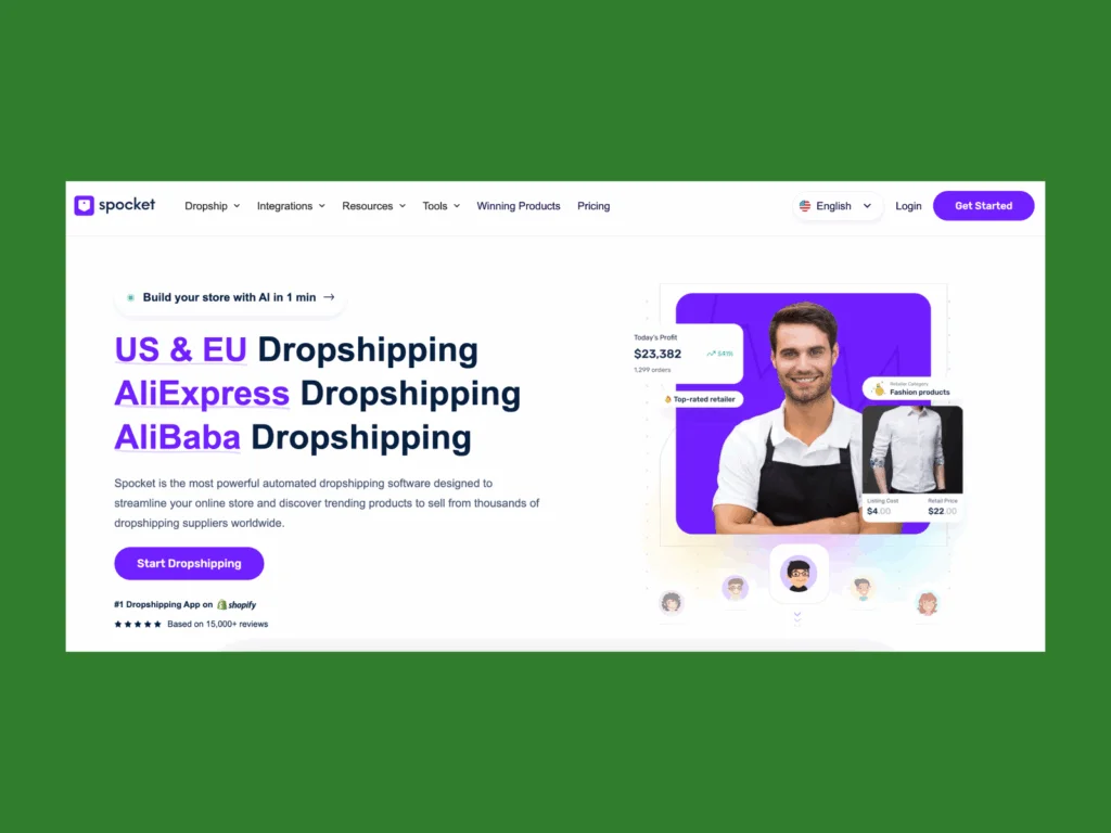 A screenshot of Spocket landing page.