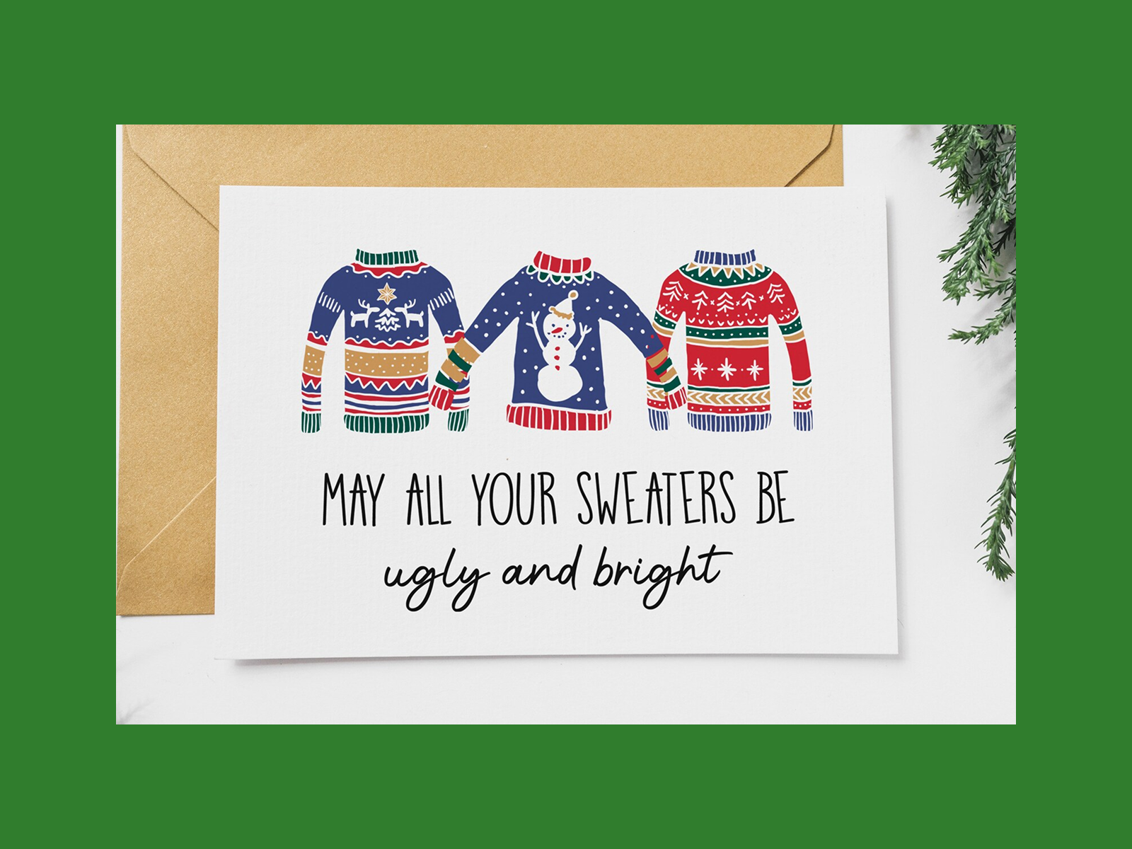 An ugly sweater-themed Christmas card.