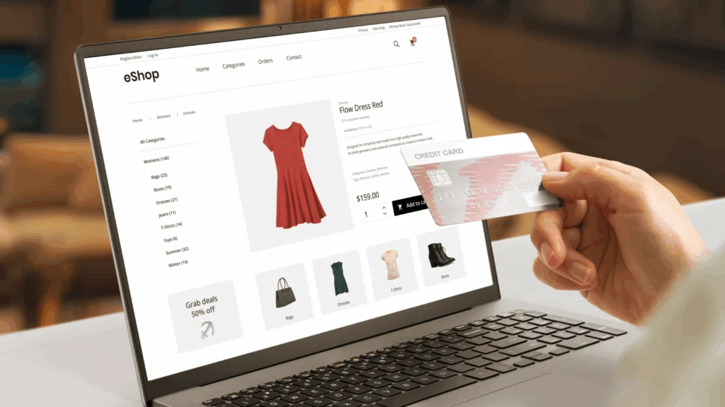 What is an eCommerce platform and why do you need one A person is holding a credit card while shopping online.