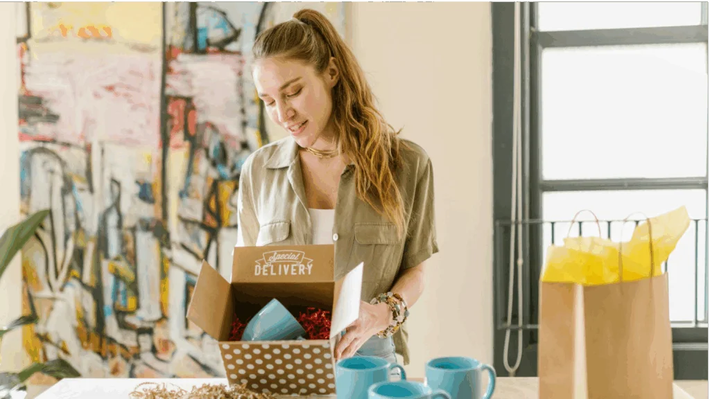 A woman joyfully opens a box, revealing a colorful gift inside.