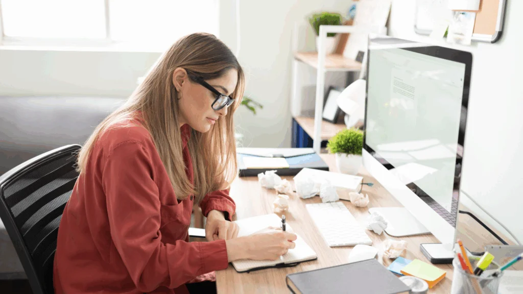 A woman wearing glasses is focused on writing notes in a notepad.