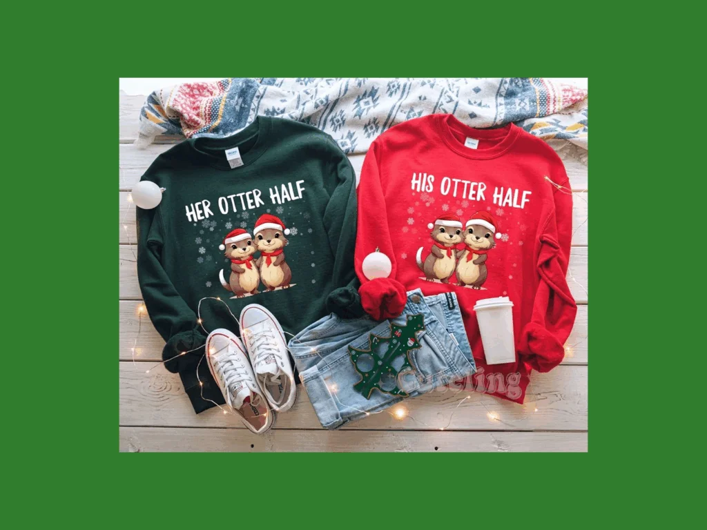 A green sweater with "Her Otter Half" and a red one with "His Otter Half," both featuring cute otters in Santa hats.