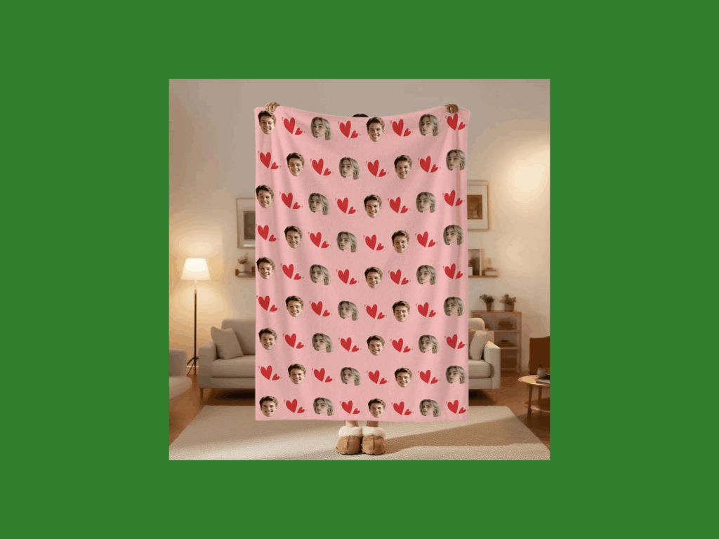 A person holding a pink blanket with a pattern of smiling faces and red hearts.