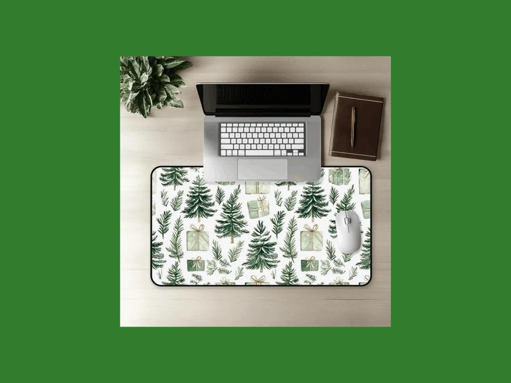 Laptop on a desk with a festive Christmas-themed mouse pad featuring green trees and gifts.