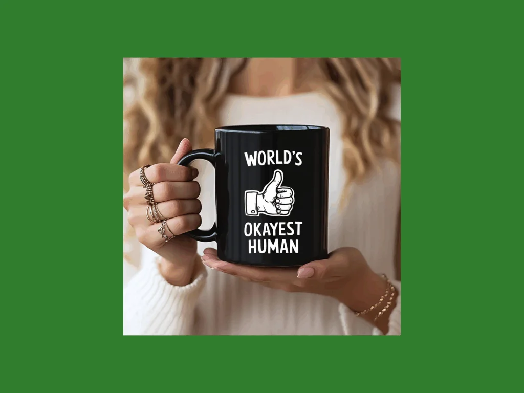 A woman holds a black mug with white text reading "World's Okayest Human" and a thumbs-up graphic.