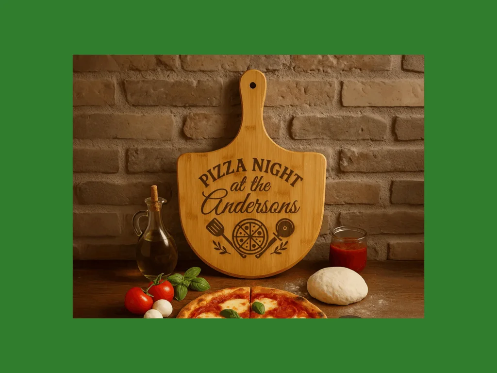 Kitchen setup with a wooden countertop. A personalized tea towel with black text and Christmas tree patterns hangs on a wooden peg.