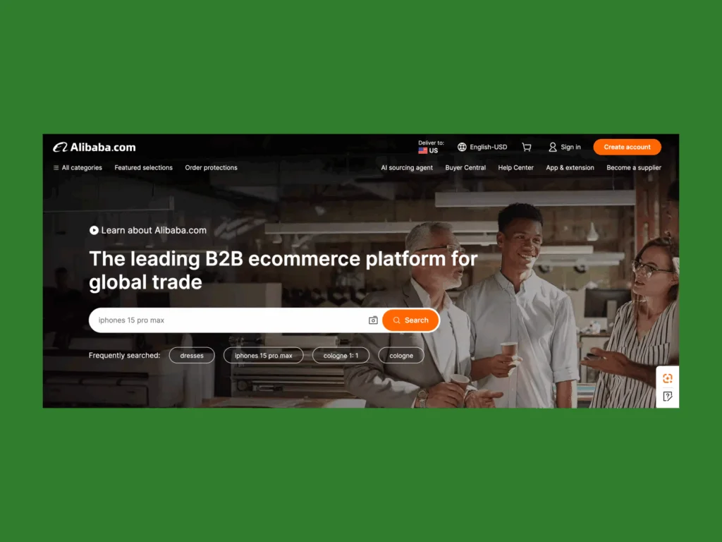 1 alibaba A screenshot of the Alibaba landing page.