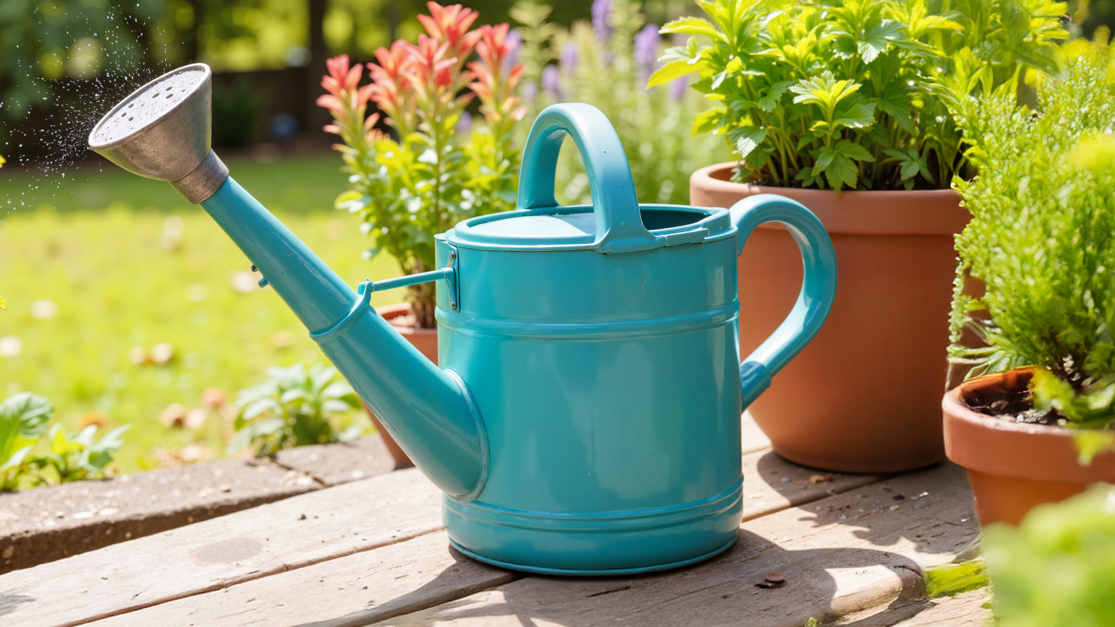 A blue watering can rests on a wooden deck, surrounded by natural light and wooden textures.
