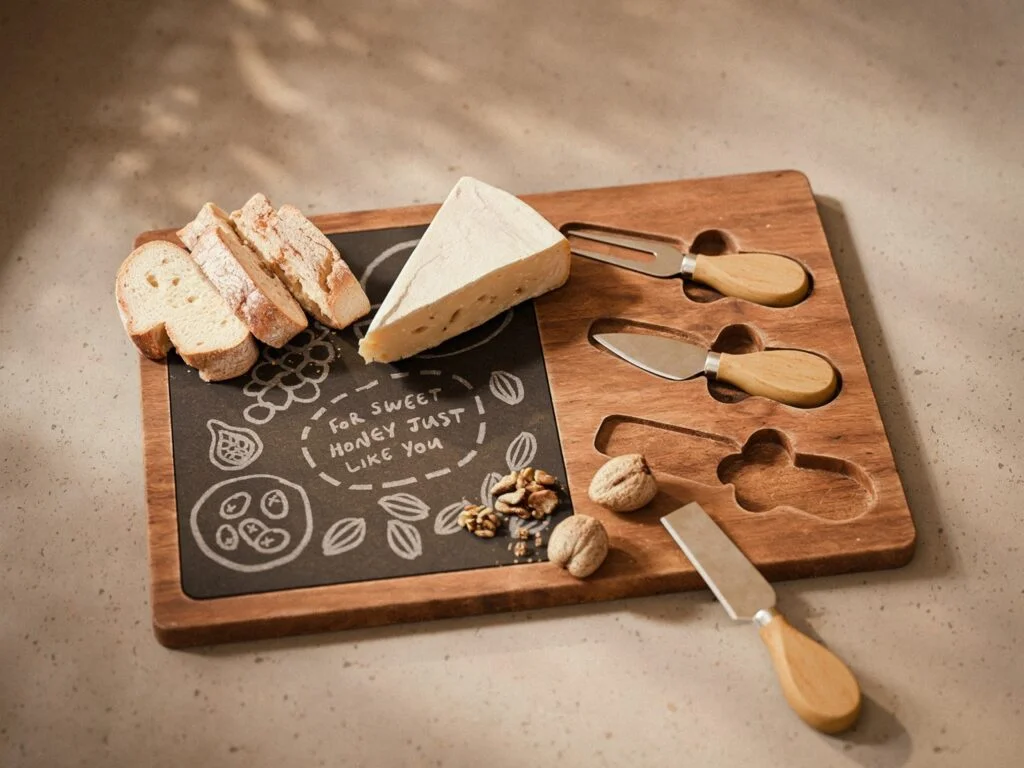 A wooden cutting board displaying an assortment of cheese, sliced bread, and mixed nuts arranged artfully